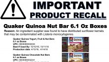 Quaker Quinoa Nut Bar 6.1 Oz Boxes Recall