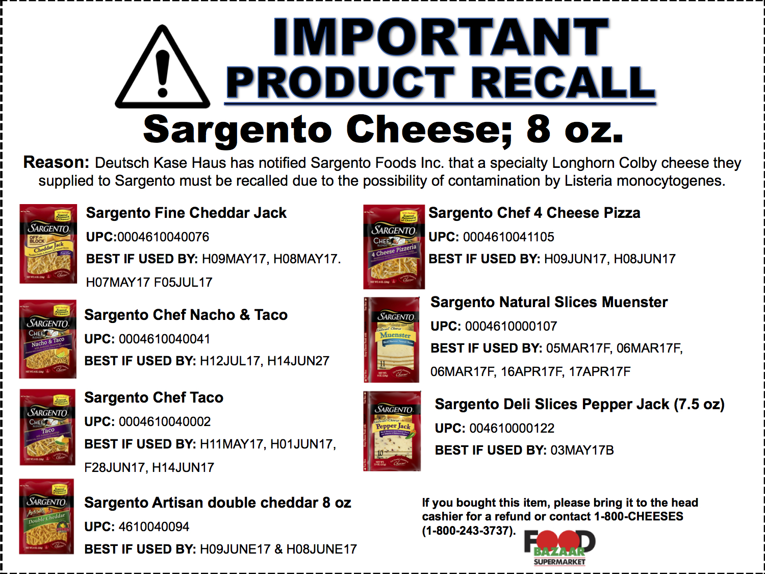 Expanded Recall Sargento Cheese Food Bazaar Supermarket