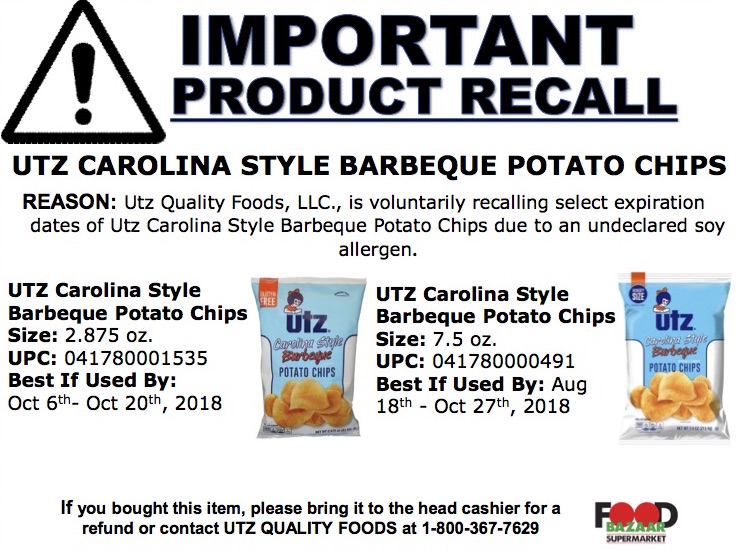 UTZ Carolina Style Barbecue Potato Chips RECALL Food Bazaar Supermarket