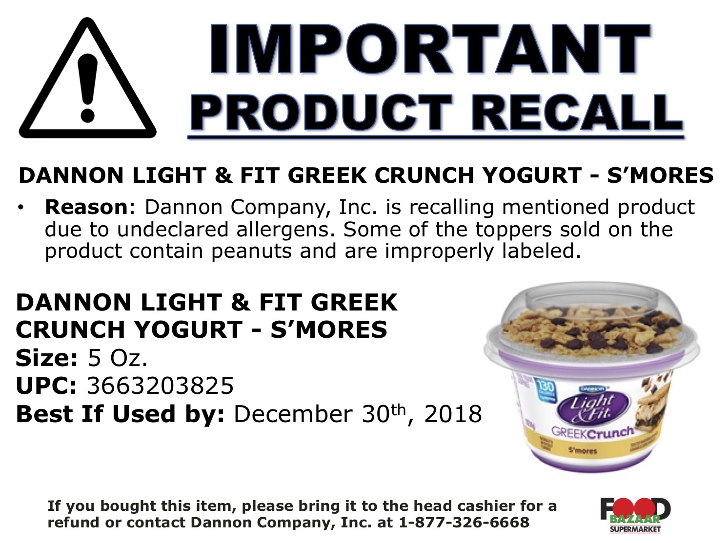 DANNON LIGHT & FIT GREEK CRUNCH YOGURT S’MORES RECALL Food Bazaar