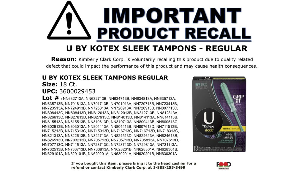 U by Kotex Sleek Tampons Regular RECALL Food Bazaar Supermarket