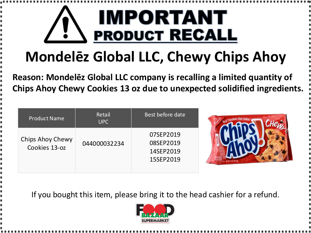 Chips Ahoy Chewy Cookies 13 oz Recall Food Bazaar Supermarket