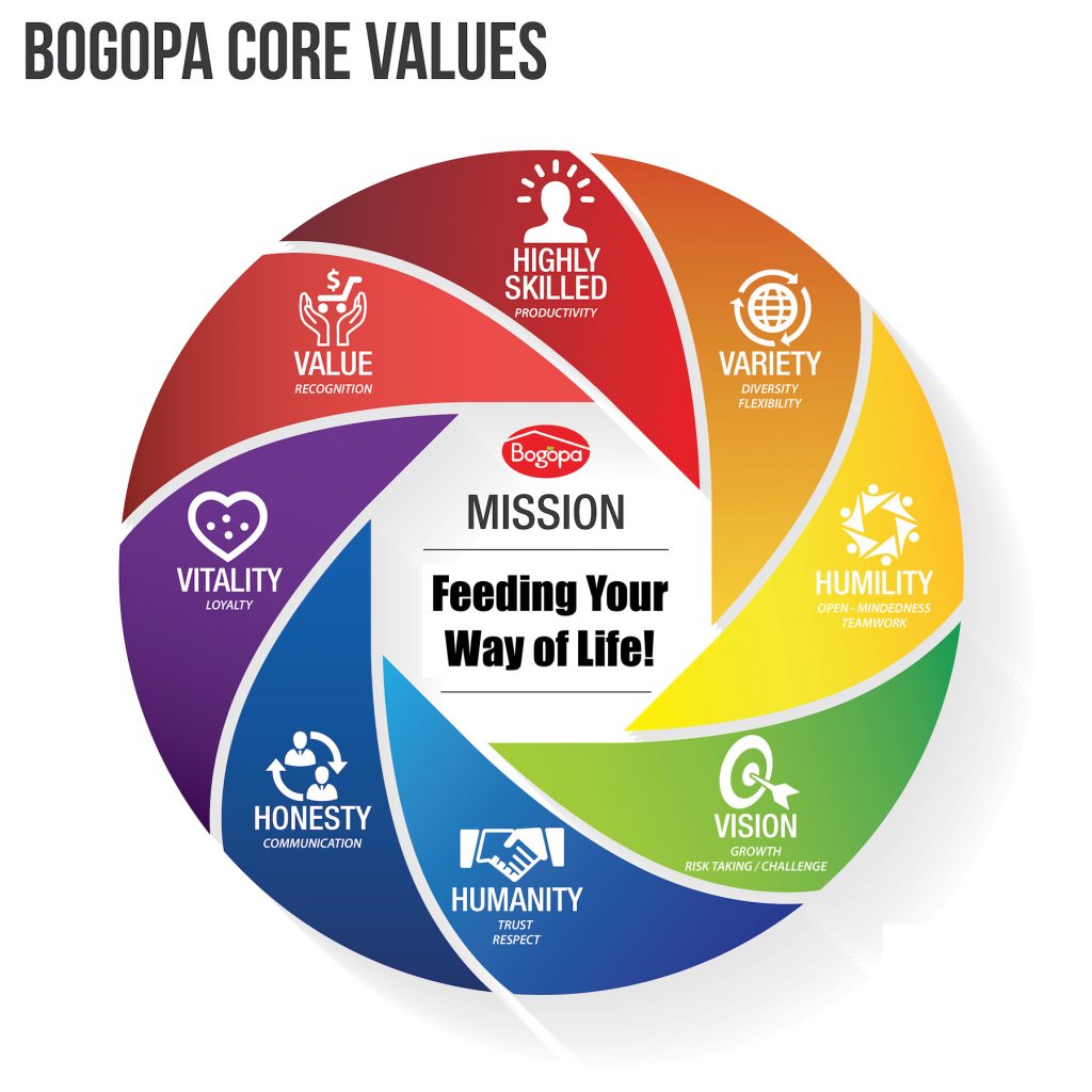 Bogopa Core Values: Highly Skilled, Variety, Humility, Vision, Humanity, Honesty, Vitality, & Value!