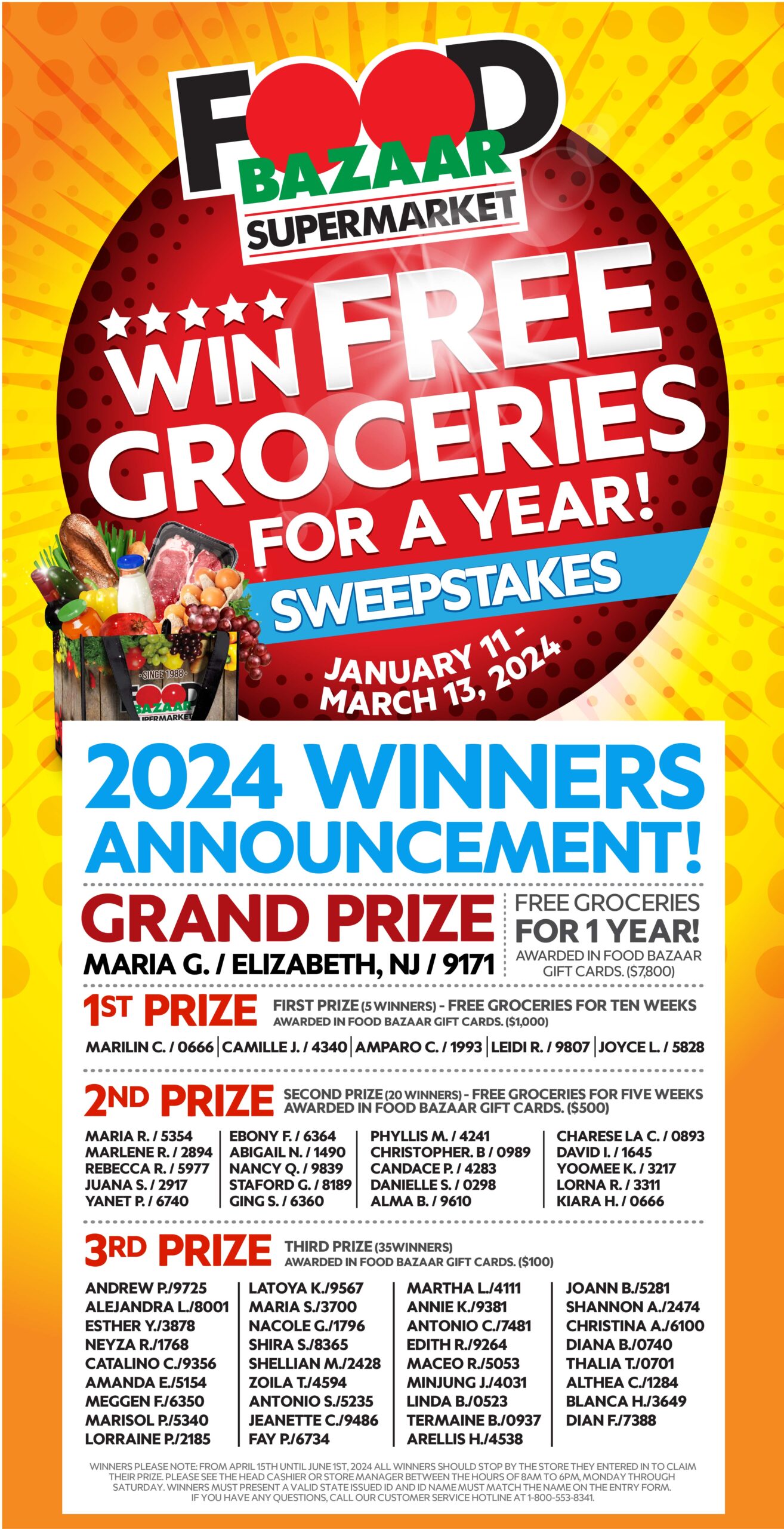 Grand Prize - Maria G. / Elizabeth, NJ 9171
1st - Marlin C 0666., Camille J. 4340, Amparo C. 1993, Leidi R. 9807, Joyce L. 5828